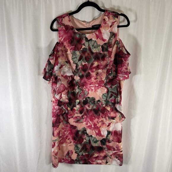 Tahari Arthur S Levine Dress Women's 12 Pink Floral Knee Length Zip Back Light - Picture 1 of 10